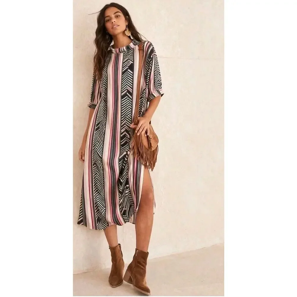 $150 Anthropologie McKenzie Geometric Stripe Midi Dress Boho summer Sz Large